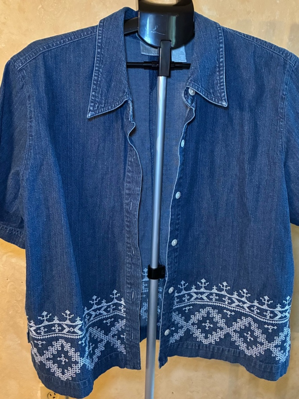 Vintage Short Sleeve Denim Button Down Top with Embroidery Detail